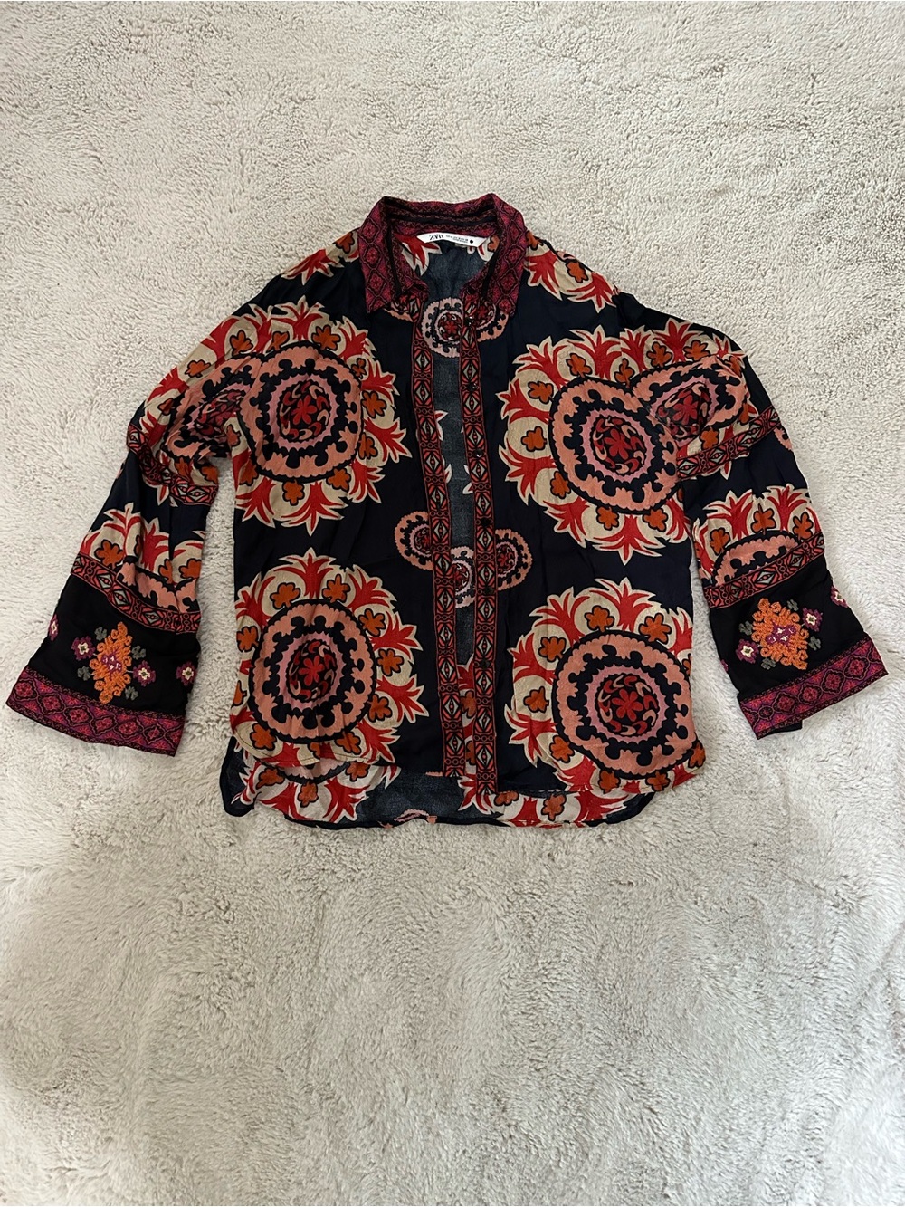 Zara Black Blouse with Red and Pink Floral Medallion Print
